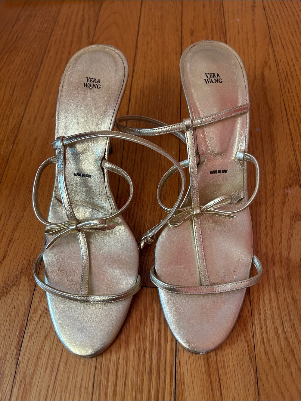 Vera Wang Metallic Gold Strappy Bow Heels